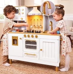 Wooden Play Kitchen for Kids with Real Running Water Sink, Light & Sounds, Ice Maker, Cuttable Play Food, Microwave, Oven & Coffee Maker, Pretend Kitc
