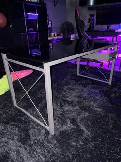 Glass modern industrial style writing computer desk & two-tier tempered glass media console/stand