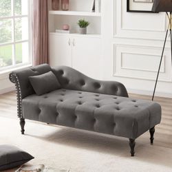 60” Velvet Chaise Lounge Buttons Tufted Nailhead Trimmed Solid Wood Legs with 1 Pillow,Grey (Left Arm Design as Shown in the Picture)