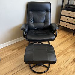 Vintage MCM Reclining Black Leather Lounge Chair & Ottoman