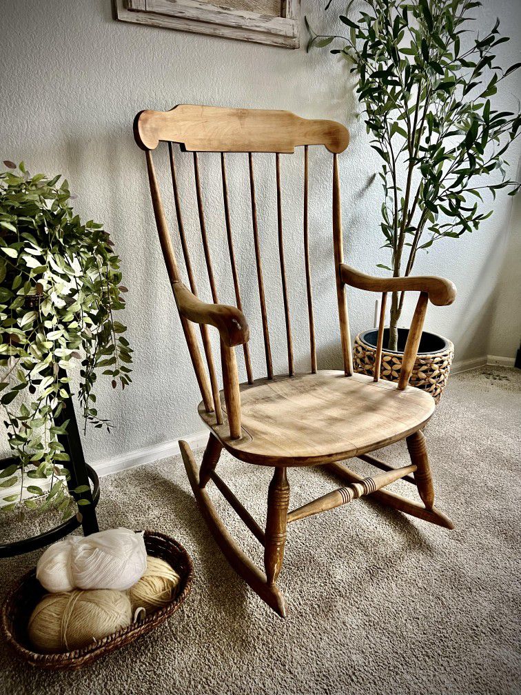 Vintage Nichols & Stone mahogany rocking chair circa 1940s-50s. Solid condition, weathered in a shabby-chic way. 
