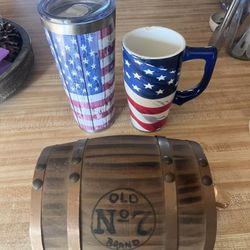 Jack Daniels Whiskey Barrel And Patriotic Coffee Mugs