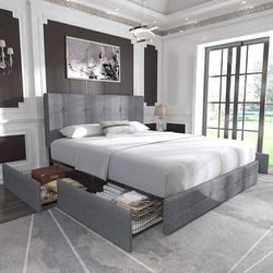 Upholstered Queen Size Platform Bed Frame with 4 Storage Drawers and Headboard, Square Stitched Button Tufted, Mattress Foundation with Woo