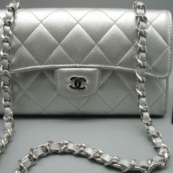 Authentic Chanel Metallic Silver Lambskin Leather CC Flap Bag Wallet
