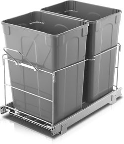 B930 $50  Pull Out Trash Can Under Cabinet, 35 QT Double Under Sink Trash Can Waste Container with with Chrome Wire Bottom Mount and Handle, Heavy Dut