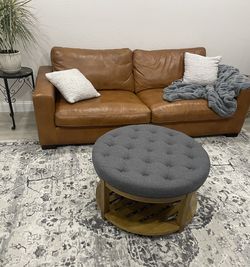 Round Upholstered Large Ottoman Coffee Table, Large Footstool with Wooden Shelf, Linen, Charcoal