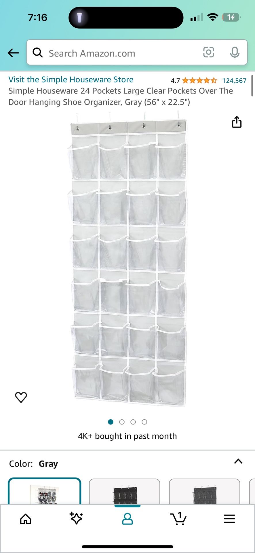 Simple Houseware 24 Pockets Large Clear Pockets Over The Door Hanging Shoe Organizer, Gray (56" x 22.5")