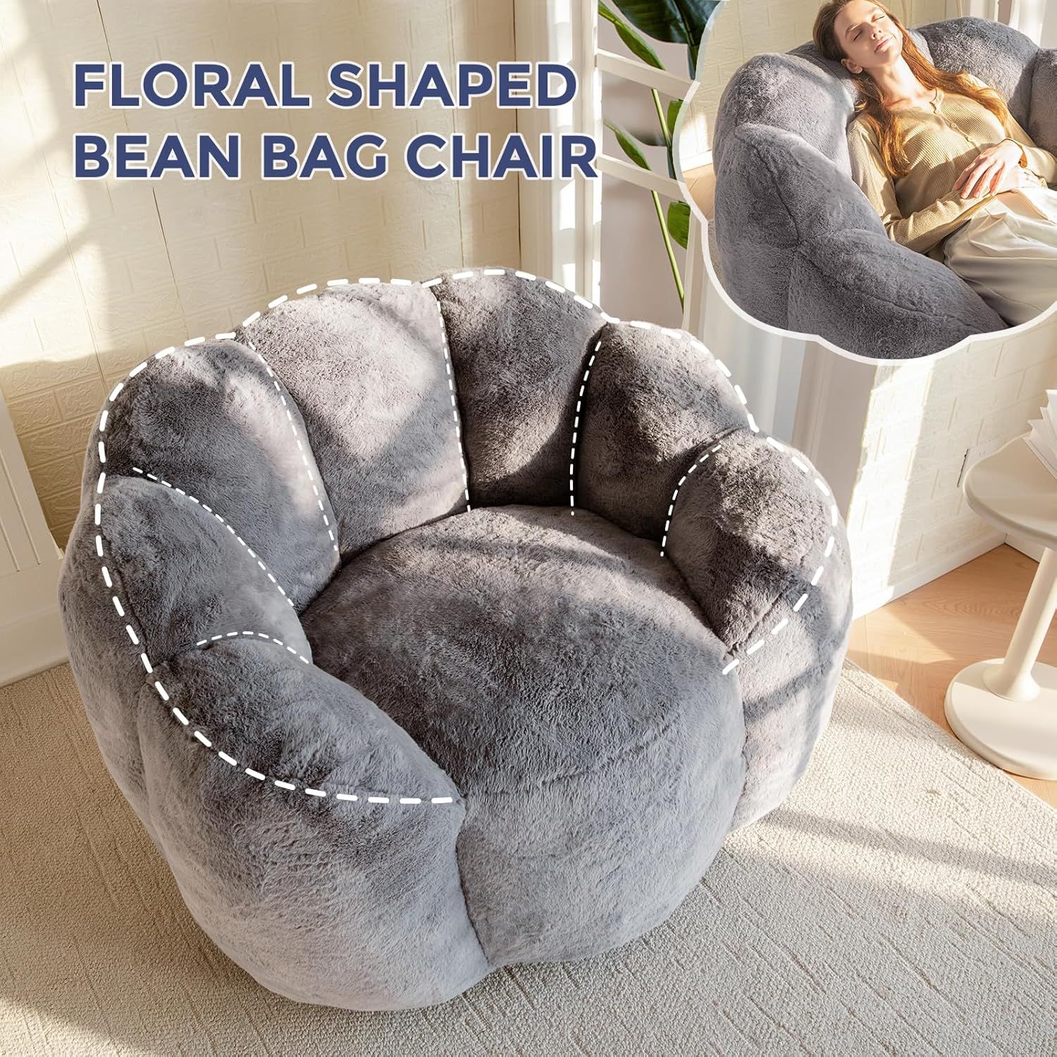 Large Floral Shape Faux Fur Bean Bag Chair, Dark Grey 