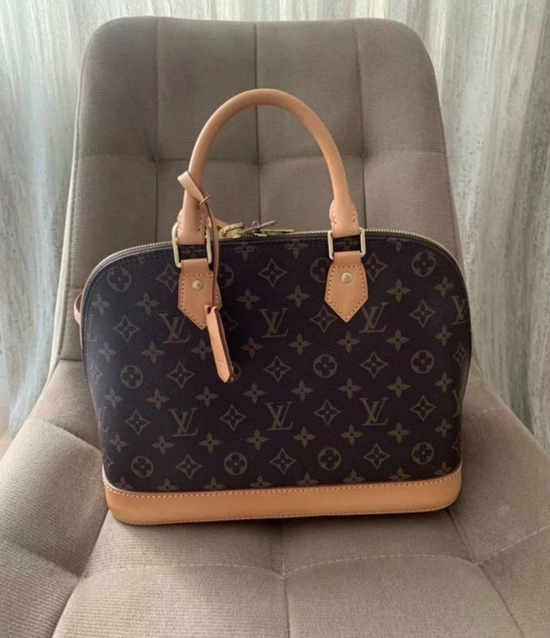 Louis Vuitton Alma PM Monogram Canvas Brown Leather Handbag Purse Tote Bag