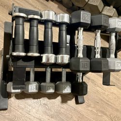 In NEW Condition Set Of Cast Iron Hex Dumbbells 3s, 5s, 10s, 12s, 15s & 20 pounds  (NO RACK INCLUDED)