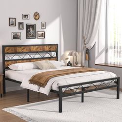 VECELO Full Metal Platform Bed Frame with Rustic Vintage Wooden Headboard, Heavy Duty Metal Slats Su