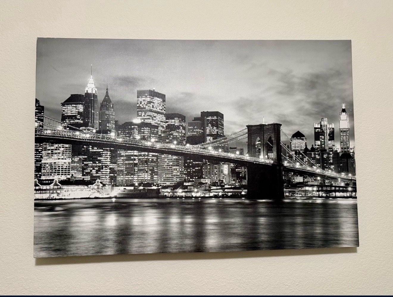 Large 23"x 35" Black & White NYC Brooklyn Bridge Canvas Wall Art - Perfect Condition