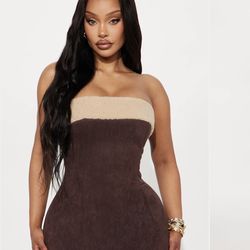 Teddy fur trim faux suede midi dress