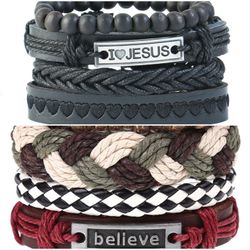2 x Set Adjust. Size up to 9.5inc Leather Bracelet, (BI__Jesus-Believe_1)