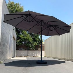 (NEW) $130 Large 15FT Double Sided Outdoor Umbrella w/ 65 LBS Plastic Weight Base (Red/Gray)