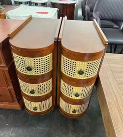 New assembled set of 2 Solid Wood End Table, 3-Drawer Rattan Side Table, Night Stand with 3 Rattan Drawers and Exquisite Embossed Handles for Living R