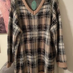Umgee Womens Plaid V-Neck Sweater - Black and Tan size 1X NEW