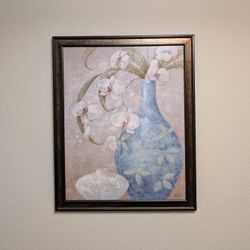 Vessels And Blooms Blues Flowering Blues Blue Vase With White Orchids Framed Print