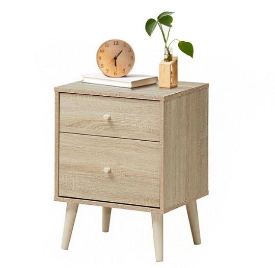 Costway Nightstand 2-Drawer Beside End Side Table w/Rubber Legs Oak Finish