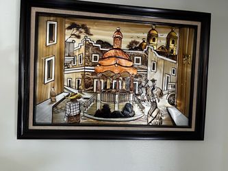 Framed 3D Copper Relief Wall Art Colonial Town Scene