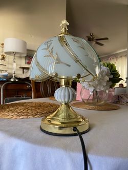 Vintage Brass & Frosted Glass Touch Lamp Etched Floral