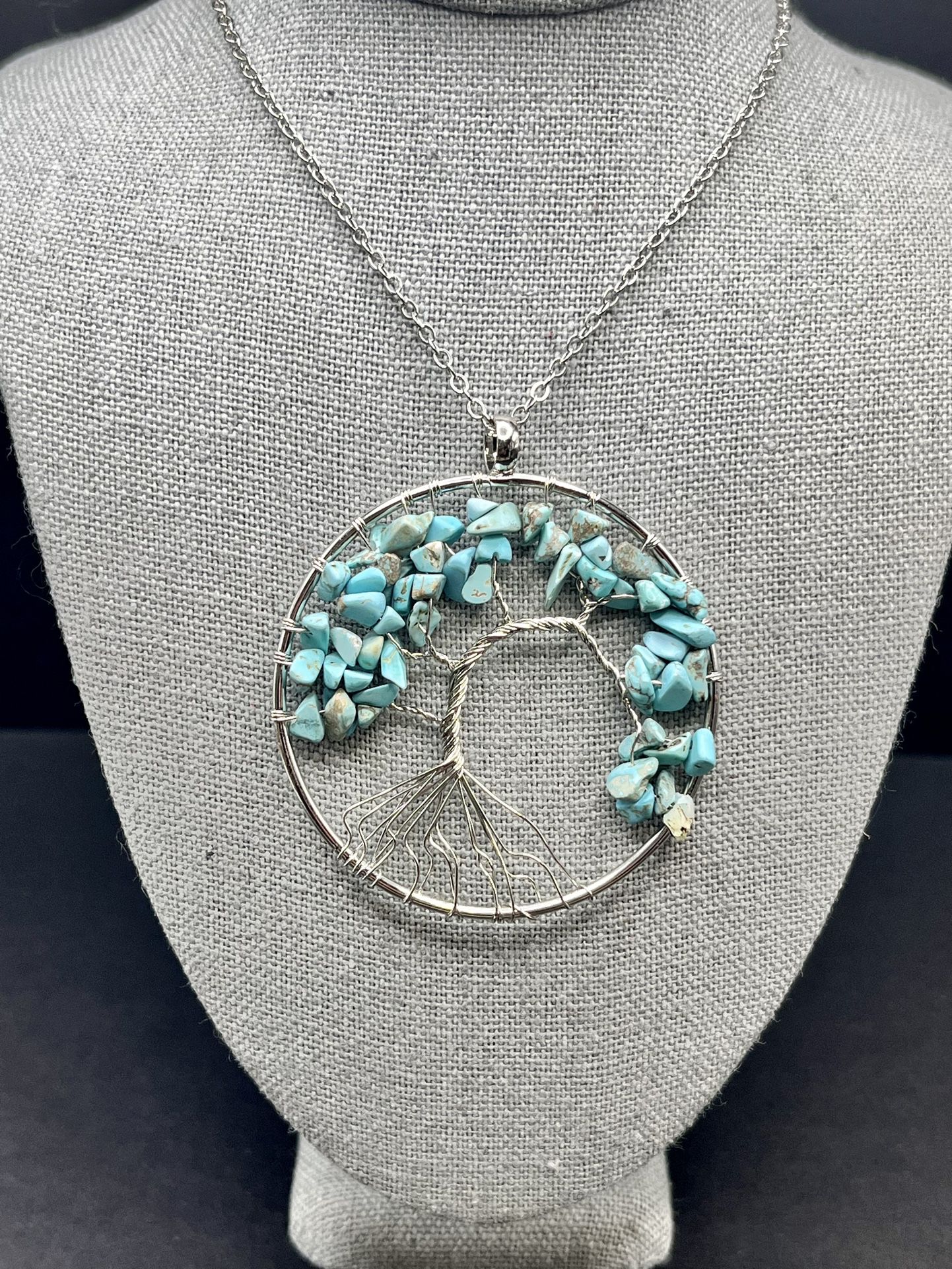 Large Turquoise Tree of Life Adjustable 18-20” Silver Necklace