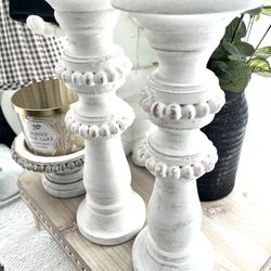 White Wood Beaded Candle Holders