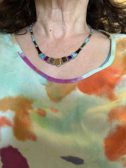 Gem stone, silver turquoise tigers eye and minerals 16 inches silver clasp possible Native American .