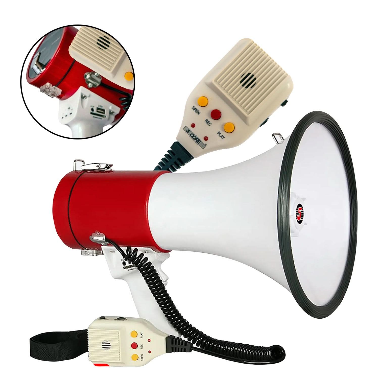 5Core Megaphone Bull Horn 50W Rechargeable Loud Siren Professional Bullhorn Speaker PA System Recording USB Coaches Sport Speeches Crowd Control 66SF