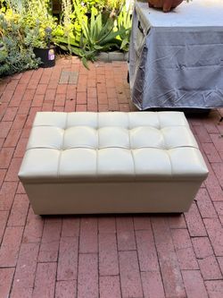 Cream Tufted Leather Storage Ottoman Bench