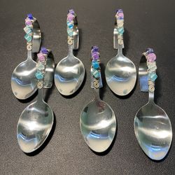 Designer Vintage 1990s 6 Bent Stainless Steel Appetizer Spoons Lucite Beads