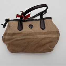 COACH Wool Blend Stripe Satchel Handbag Brown Leather Trim Red Bow Detail