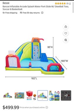 Banzai Inflatable Arcade Splash Water Park Slide W/ SkeeBall Toss, Soccer & Basketball