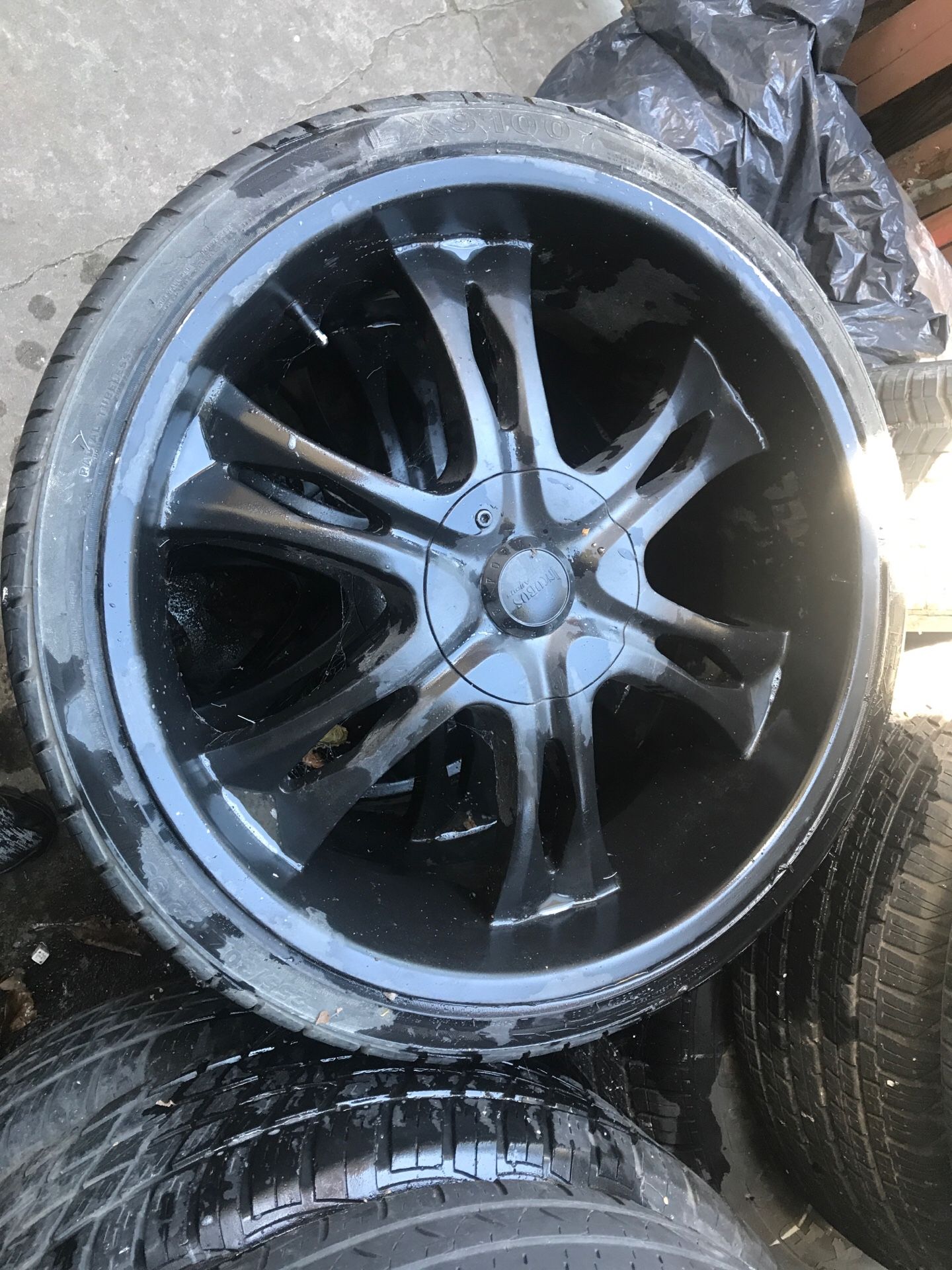 22inch rims painted black lug pattern 5x4.75-4.4 fits most cars they’re gonna need tires asking $350obo must go series buyers only please.