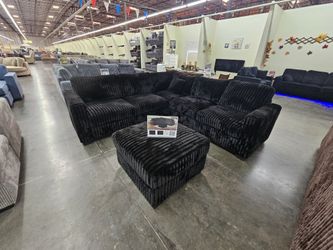 Black Corduroy Sectional Sofa with Ottoman