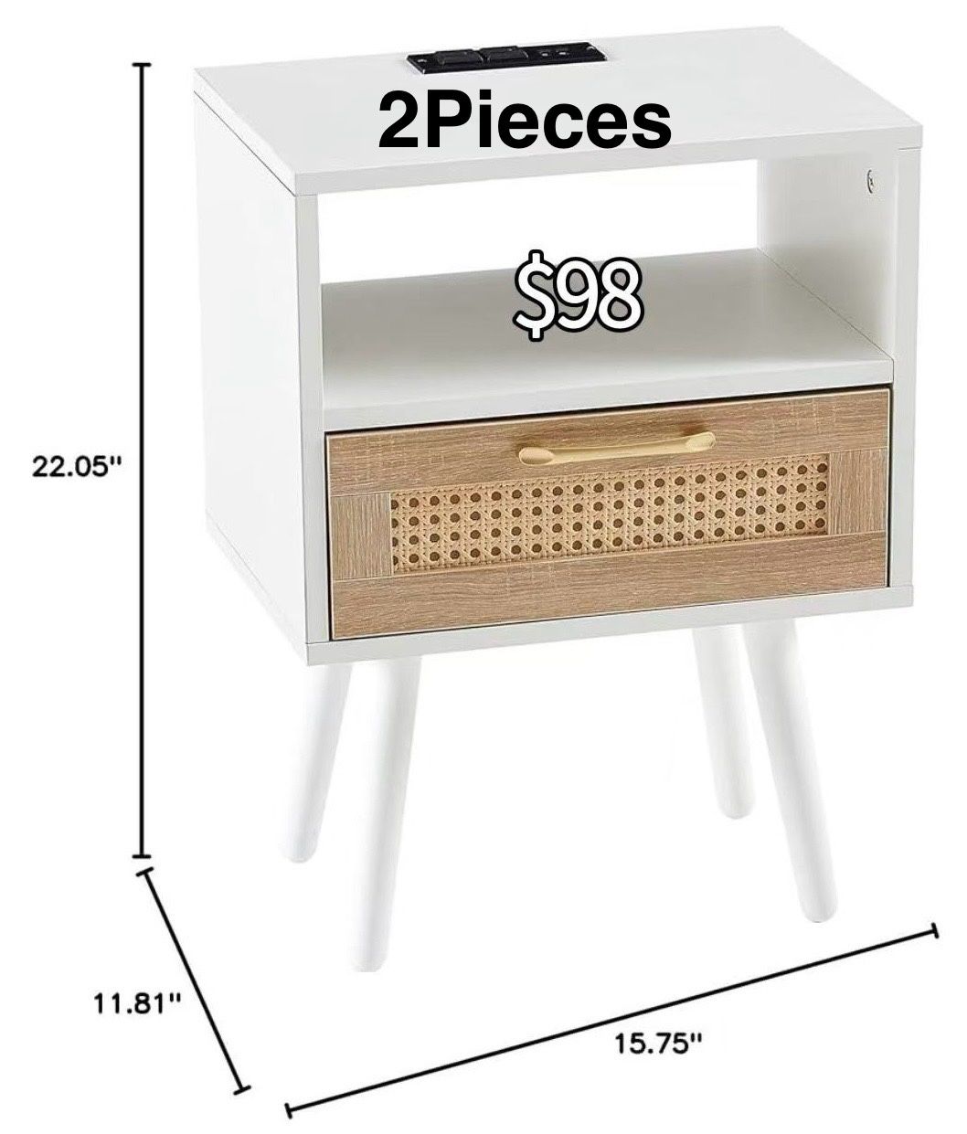 😀 2Pcs Nightstand, Night Stands with USB Charging Ports and Outlets, Wood End Side Table with Rattan Drawer for Bedroom, Living Room, White