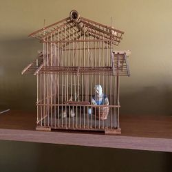 Vtg Bamboo Birdcage With Figurines