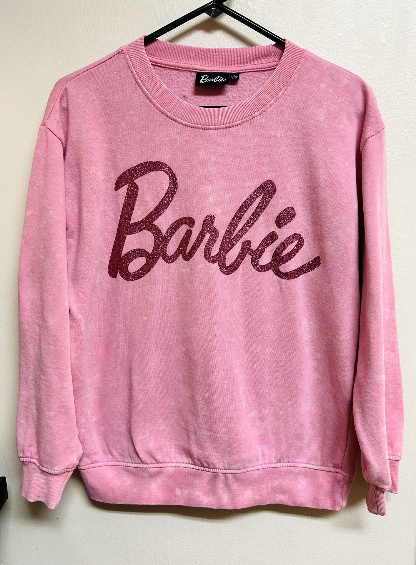 Barbie-Pink Glitter Scroll Logo Original Barbie Brand Vintage Dyed Sweatshirt/Size small -Runs A Bit Big