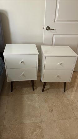 2 white mid century nightstands - each is 2 drawers