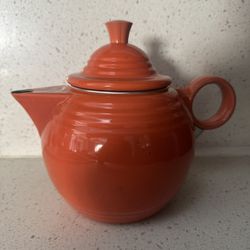 Vintage Fiesta Orange Persimmon Enamel Metal Teapot Kettle Copco Fiestaware