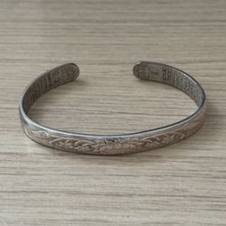 Pure S999 Sterling Silver 999 OPEN-CUFF Lotus Heart Sutra Bracelet Bangle 28g