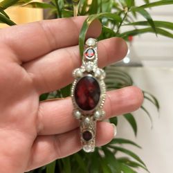 925 Sterling Silver Garnet & Seed Pearls Open Cuff Bracelet