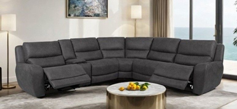 Brand New Grey Plush Leather Power Reclining Sectional Sofa