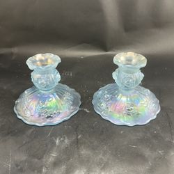 Fenton Vintage Irridesent Powder Dusty Blue Roses Candlestick Holders Set of 2–Fenton Mark