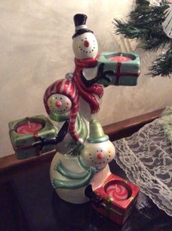 New ceramic 3 snowmen tea light candle holder 13 tall