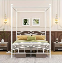 0085: New Full Size Bed Frame Four-Poster Metal Canopy Bed Frame Full with Headboard and Footboard Sturdy Slatted Structure No Box Spring Needed, WHIT