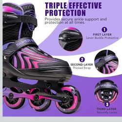 Girls Inline Skates for Boys Kids Ages 4-12, Adjustable Light Up Roller Skates for Youth Teens Ages 8-12, Beginner Blades for Women Adults