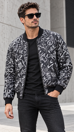 BERSHKA Jacket: Unisex Graffiti Print Bomber