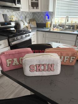 4Pcs, Travel Cosmetic Bags, Toiletry Pouch, Cute, Portable, Zipper, Sewn with Skin/Hair/Face/Junk Chenille Letters