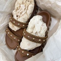 Valentino Garavani Rockstud Torchon Rope Slide Sandals – Brown